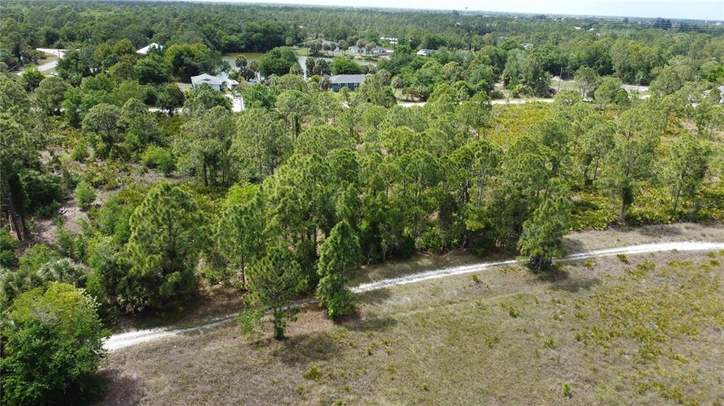 An aerial view shows a wooded lot with a dirt path and nearby houses — 27276 DEL RIO DRIVE, PUNTA GORDA, FL