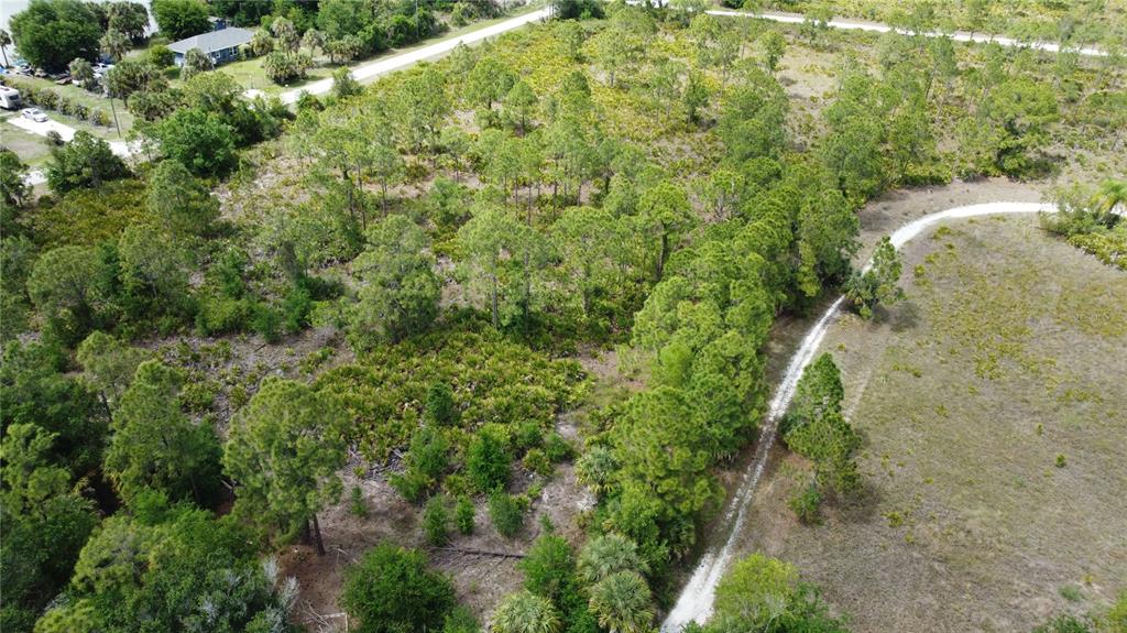 An aerial view shows a wooded lot with a dirt path and nearby houses — 27276 DEL RIO DRIVE, PUNTA GORDA, FL