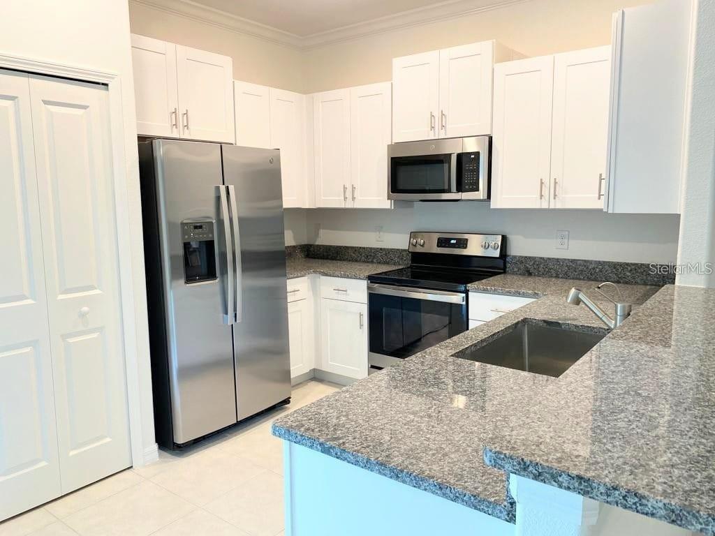 A kitchen with white cabinets, stainless steel appliances, and gray granite countertops — 17478 NECTAR FLUME DRIVE, LAND O LAKES, FL
