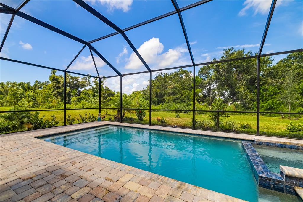 A swimming pool and spa are enclosed by a screened lanai overlooking a grassy yard — 5030 SARATOGA SPRINGS RUN, BRADENTON, FL