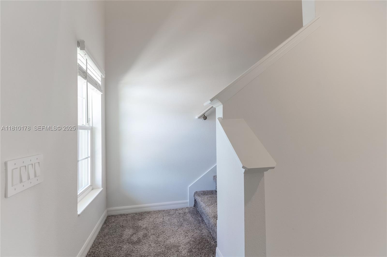 A carpeted staircase with a white railing and a window sits against a white wall — 934 CATTLEMAN STREET, Winter Haven FL 33884, WINTER HAVEN, FL