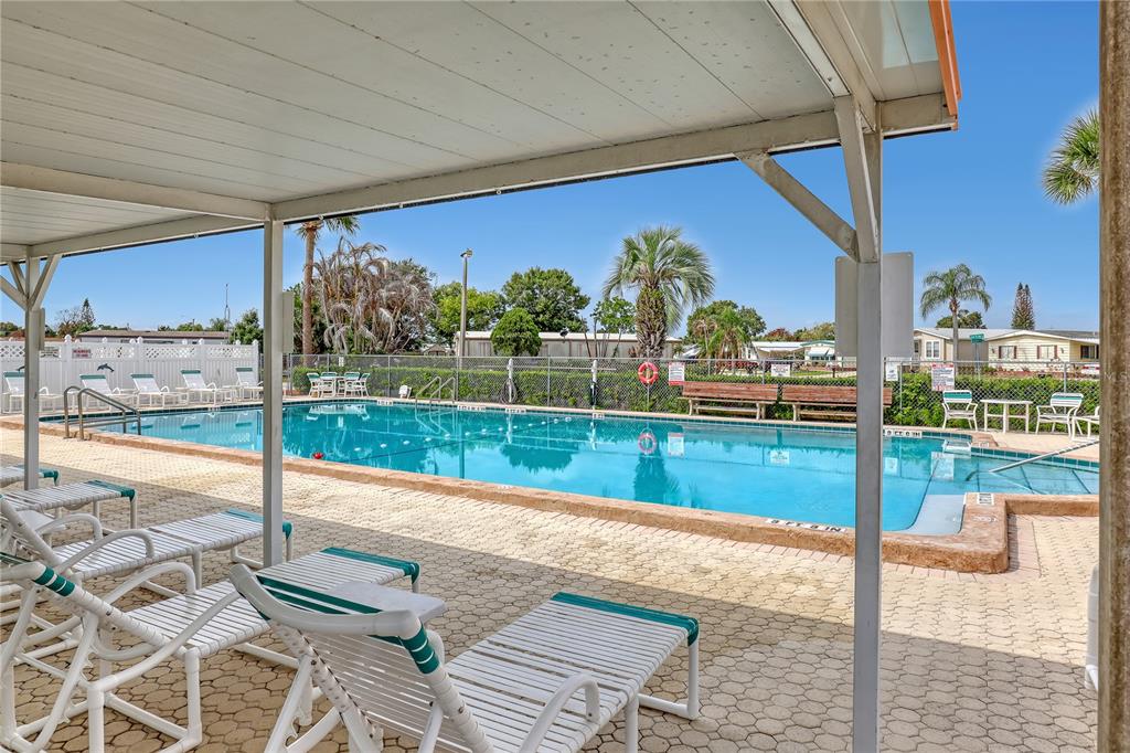A covered patio overlooks a rectangular outdoor swimming pool surrounded by lounge chairs and fencing — 1818 BIG CYPRESS STREET NE, PALM BAY, FL