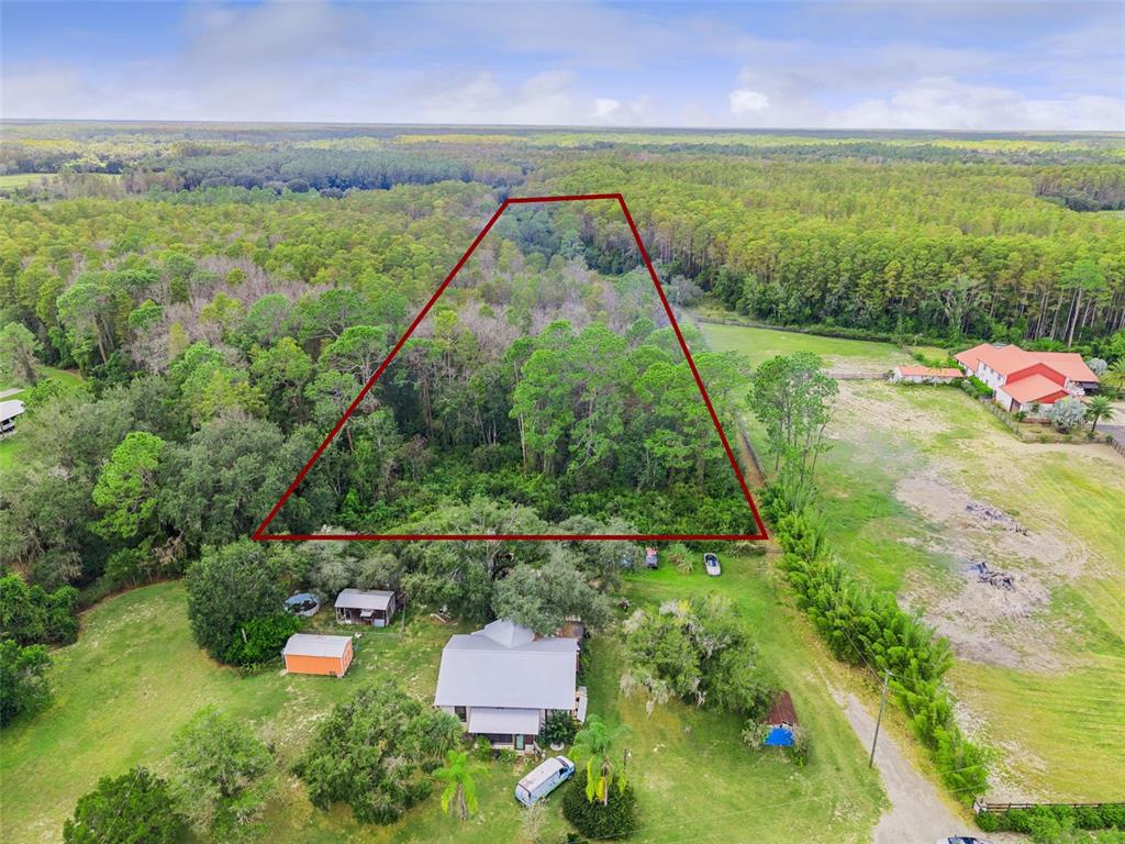 An aerial view shows a wooded lot outlined in red behind a house and yard — 8449 BAY LAKE ROAD, GROVELAND, FL