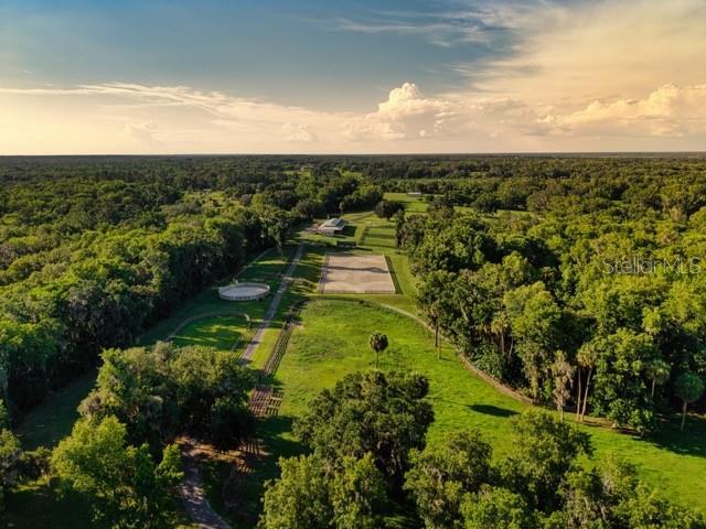 An aerial view shows a rural property with a riding arena, round pen, and surrounding woods — 7000 NW HWY 320, MICANOPY, FL