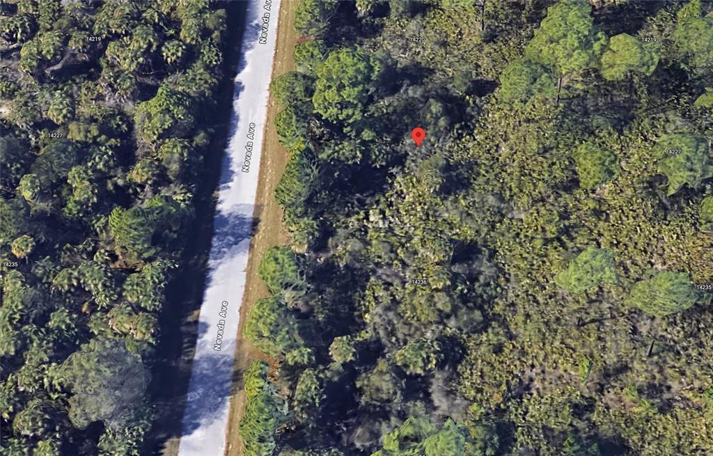 This is an aerial map view of a wooded lot along a paved road — 14228 NEVADA AVENUE, PORT CHARLOTTE, FL