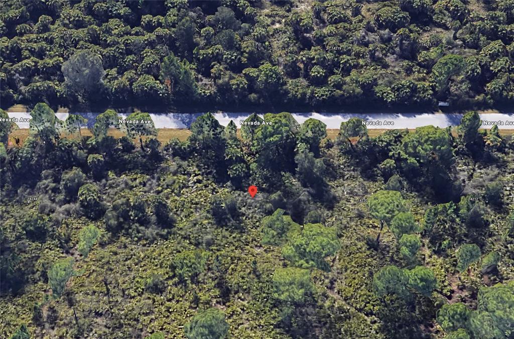 This is an aerial view of a wooded lot located along a paved road — 14228 NEVADA AVENUE, PORT CHARLOTTE, FL