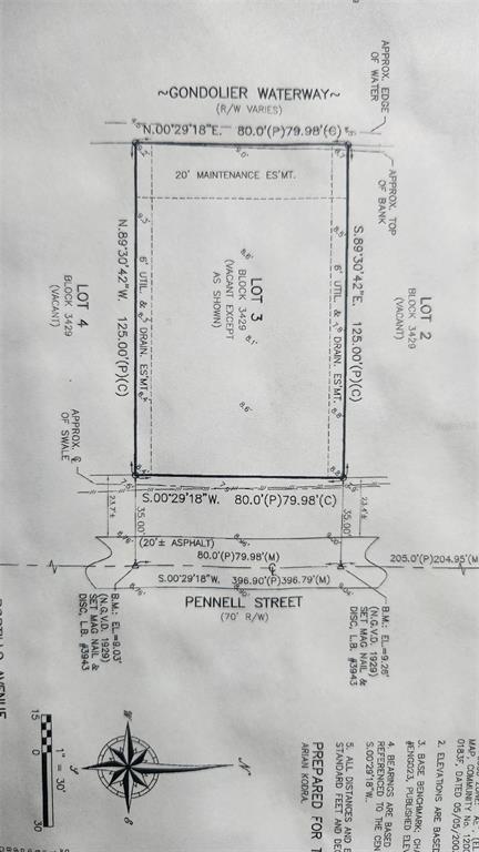 This is a land survey map showing the dimensions and easements for Lot 3 — 6049 PENNELL STREET, ENGLEWOOD, FL