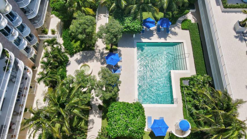 An aerial view of a hotel swimming pool surrounded by palm trees and lounge chairs — 100 Worth Avenue # 7, Palm Beach FL 33480, PALM BEACH, FL