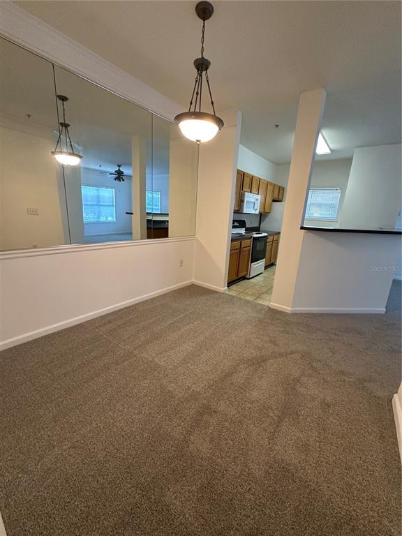 A carpeted dining area features a mirrored wall, a hanging light fixture, and an adjacent kitchen — 4802 51ST STREET W UNIT 622, BRADENTON, FL