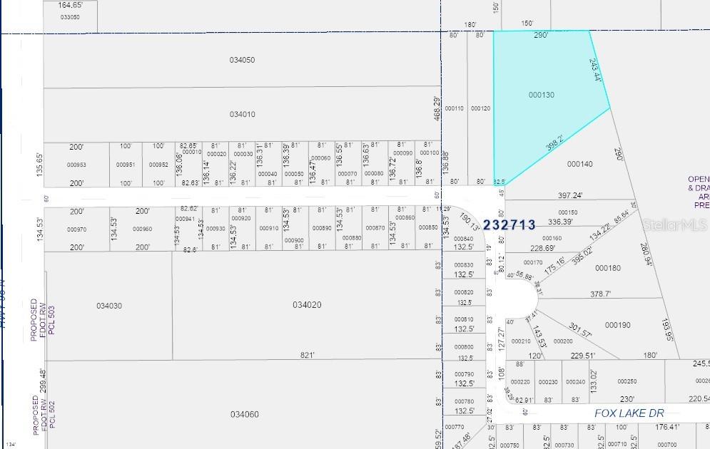 This image is a property tax map showing parcel boundaries and dimensions for a neighborhood — 0 FOX LAKE DRIVE, LAKELAND, FL