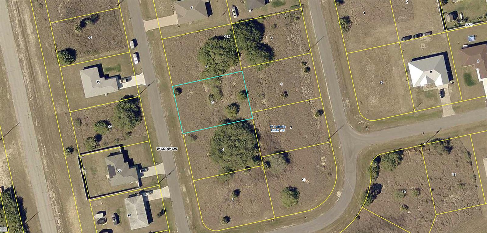This is an aerial map showing several vacant residential lots outlined in yellow — 9014 W Crow Circle, FL 33935, FL