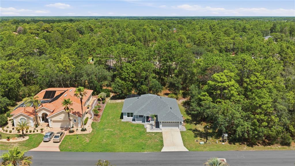 An aerial view shows two suburban houses surrounded by dense trees and a paved road — 35 SPECEBERRY CIRCLE, HOMOSASSA, FL