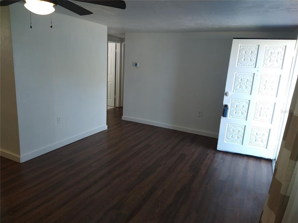 An interior view of a room with dark wood-look flooring and a white paneled door — 12910 COLLEGE HILL DRIVE, HUDSON, FL