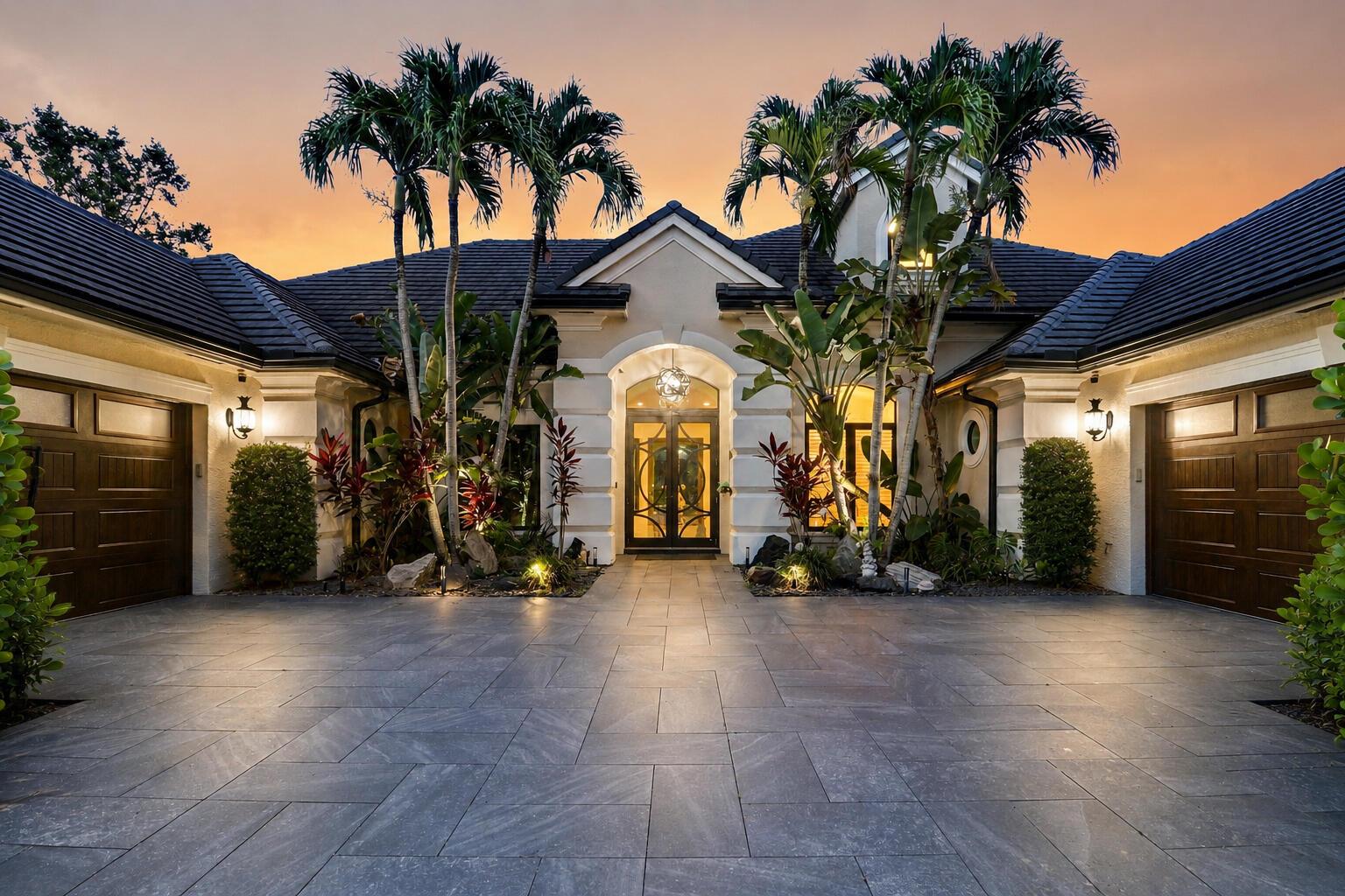 A luxury home exterior with a tiled driveway, double garage, and palm trees at dusk — 18989 SE Windward Island Lane, Jupiter FL 33458, JUPITER, FL