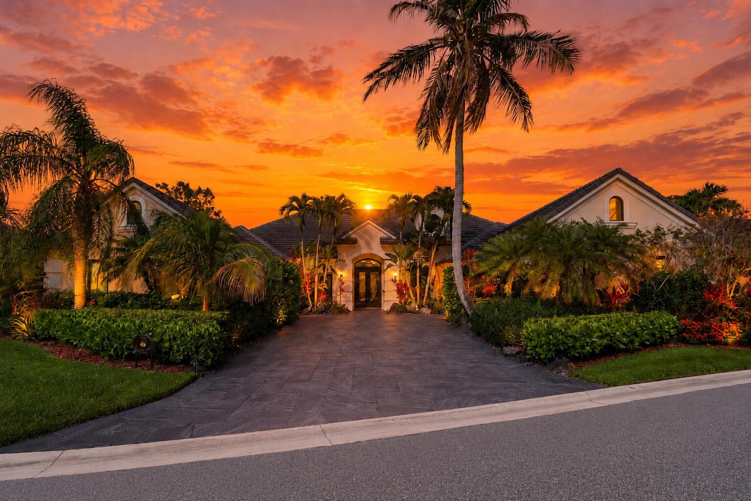 A luxury house with a paved driveway and palm trees at sunset — 18989 SE Windward Island Lane, Jupiter FL 33458, JUPITER, FL