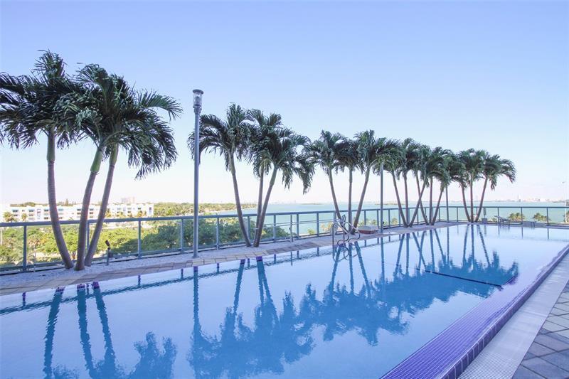 An outdoor swimming pool overlooks a body of water lined with palm trees — 601 NE 36th Street # 2806, Miami FL 33137, MIAMI, FL