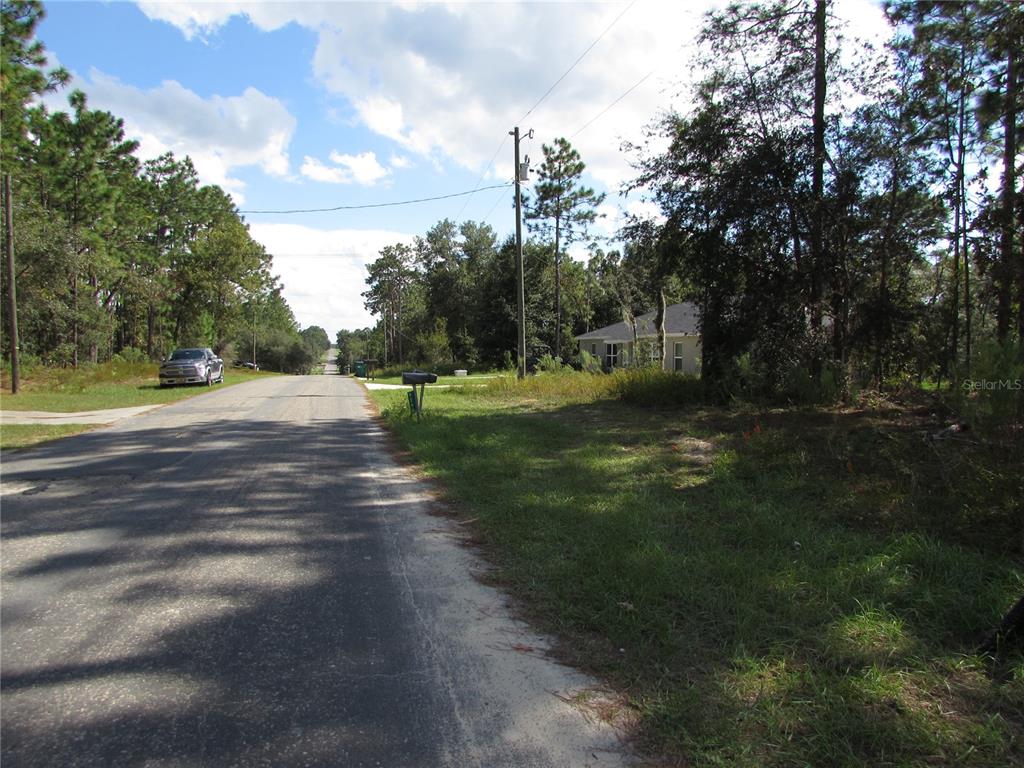 A paved road runs through a wooded area with a house visible on the right — 9250 N TRAVIS DRIVE, CITRUS SPRINGS, FL