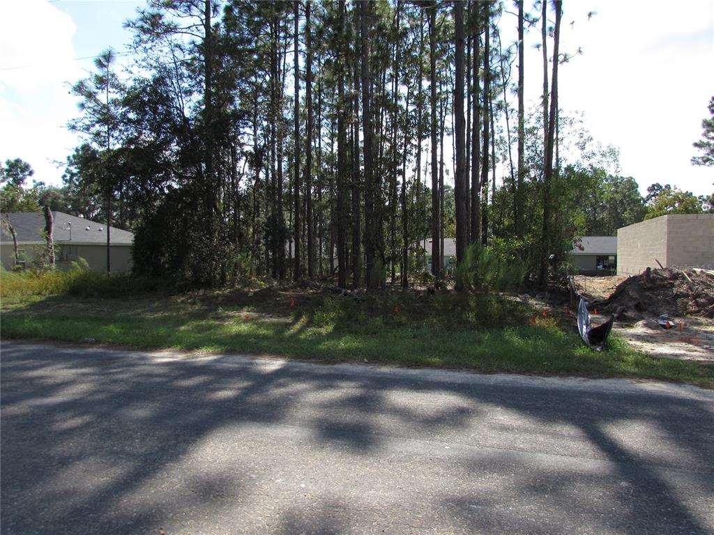 A vacant, wooded residential lot sits along a paved road next to a construction site — 9250 N TRAVIS DRIVE, CITRUS SPRINGS, FL