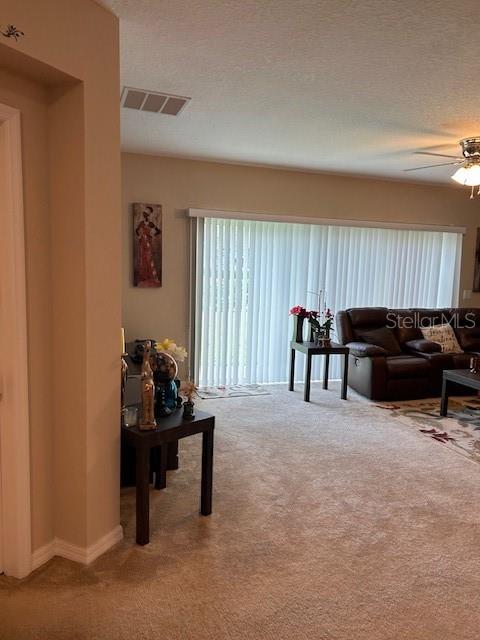 A living room features beige carpeting, a dark brown sofa, and vertical blinds covering a window — 418 BLUE LAKE CIRCLE, KISSIMMEE, FL