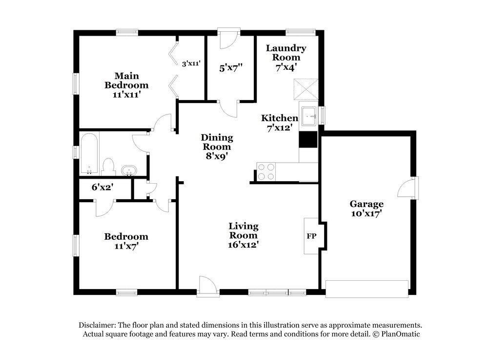 This is a floor plan of a one-story house with two bedrooms and a garage — FL