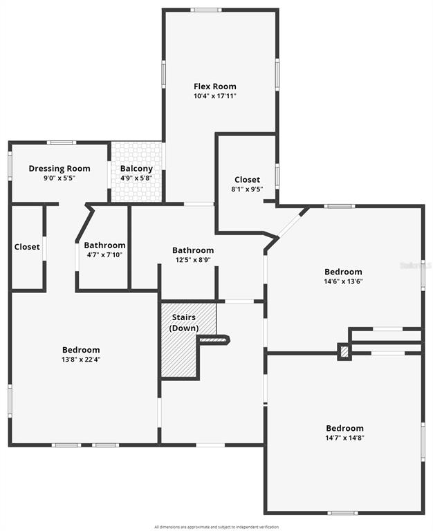 This is a floor plan of a residential upper level featuring three bedrooms, two bathrooms, and a balcony — 532 FAULKNER STREET, NEW SMYRNA BEACH, FL