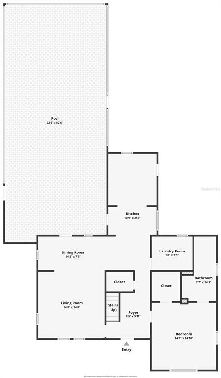 This floor plan shows a home layout featuring a large pool, kitchen, living area, and bedroom — 532 FAULKNER STREET, NEW SMYRNA BEACH, FL