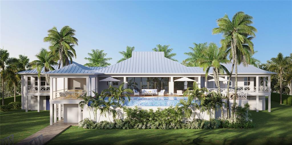 A rendering of a coastal-style house with a raised pool deck and surrounding palm trees — 3550 BAYOU LOUISE LANE, SARASOTA, FL