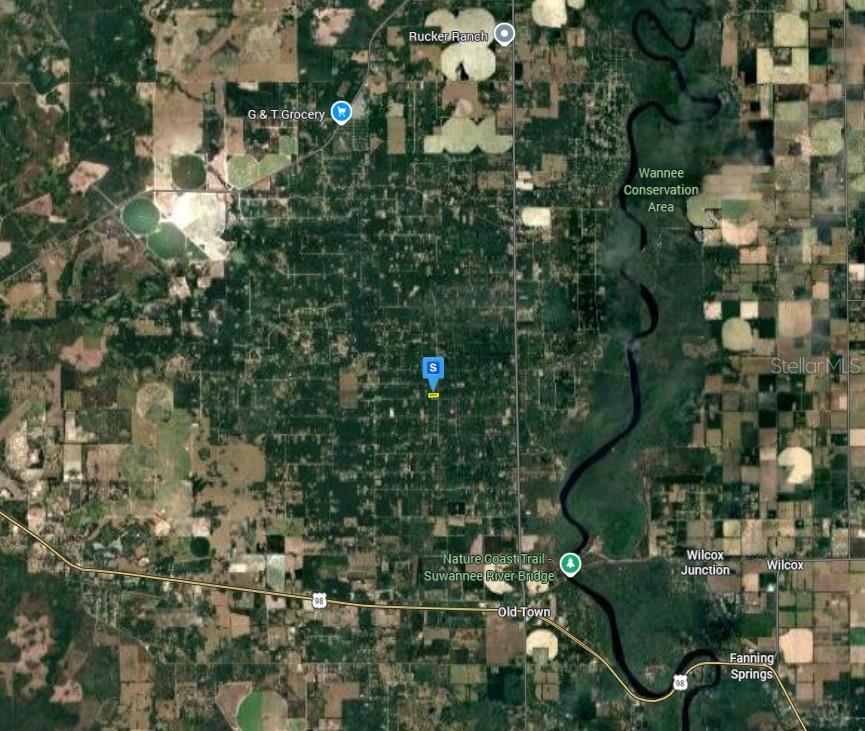 This is a satellite map showing the location of a property near the Suwannee River — 350 NE 644TH STREET, OLD TOWN, FL