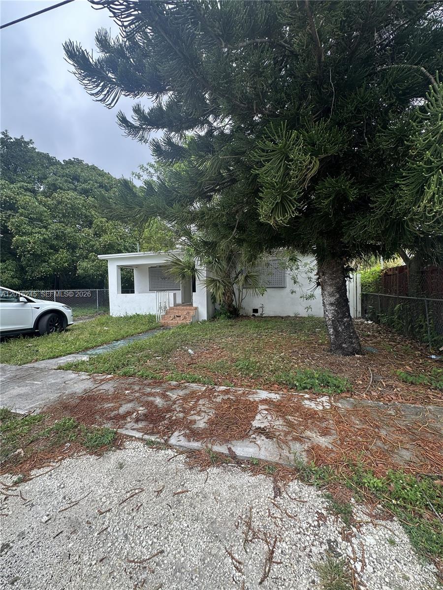 A white single-story house with a large pine tree in the front yard — 1891 NW 62nd Ter, Miami FL 33147, MIAMI, FL