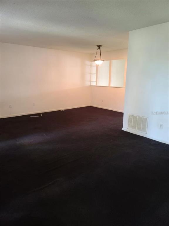 A spacious living room features dark carpeting, white walls, and a hanging pendant light fixture — 2222 SILVER PINES PLACE UNIT 902, ORLANDO, FL