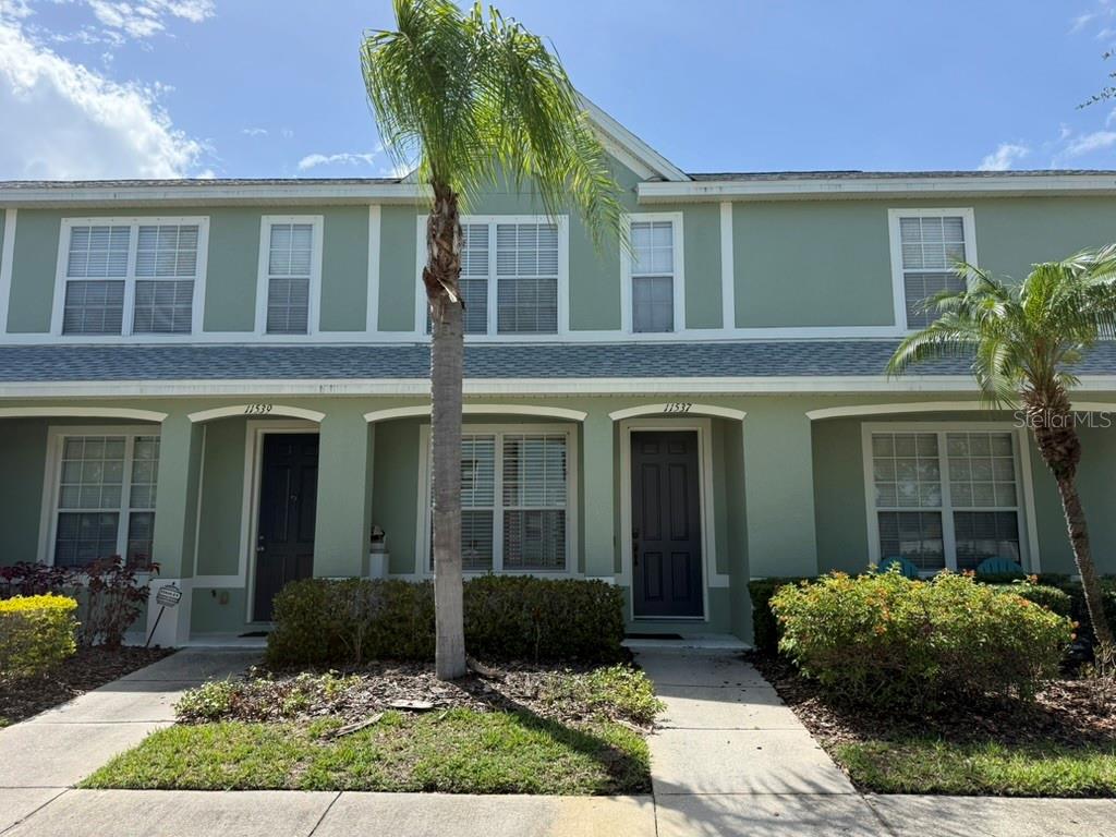 A two-story green townhouse exterior features two front doors and two palm trees — 11537 DECLARATION DRIVE, TAMPA, FL