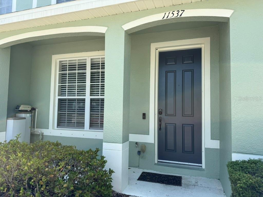 The exterior of a home features a dark blue front door and a white-framed window — 11537 DECLARATION DRIVE, TAMPA, FL