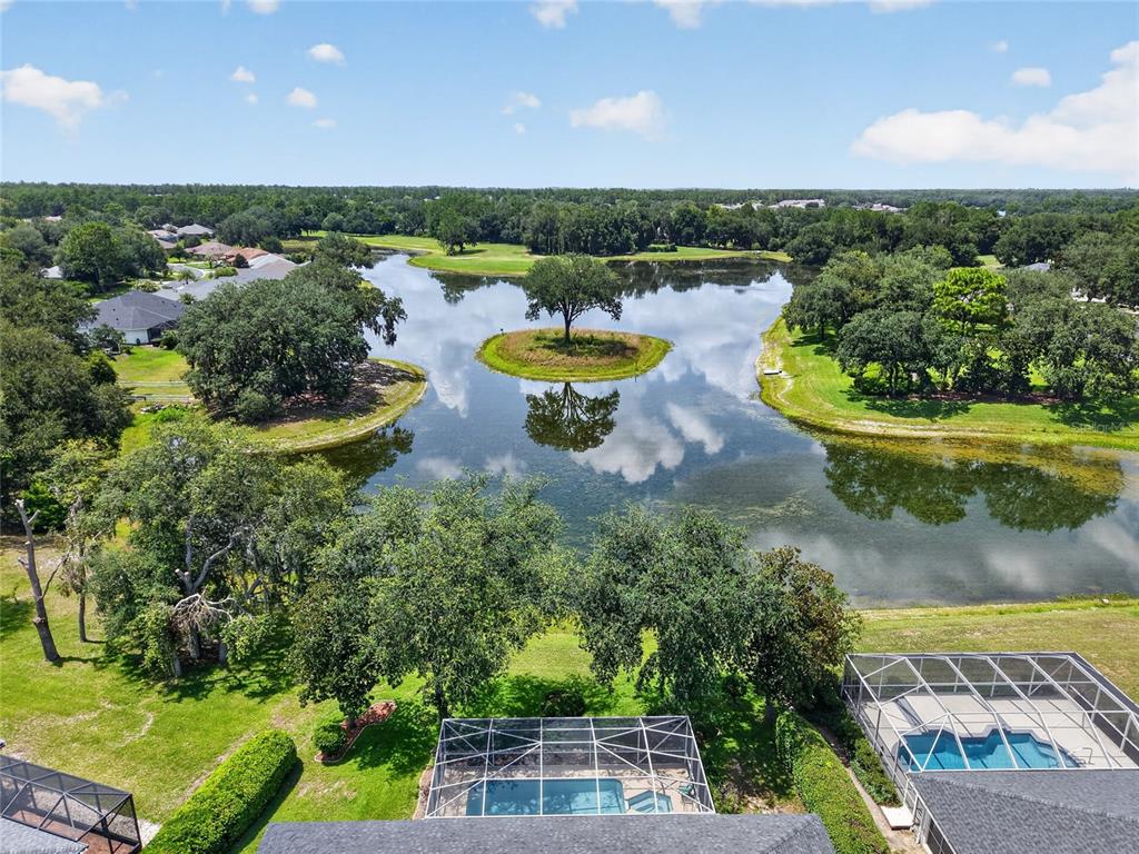 An aerial view shows a backyard pool with a screen enclosure overlooking a lake — 349 LAKE DRIVE, OCALA, FL