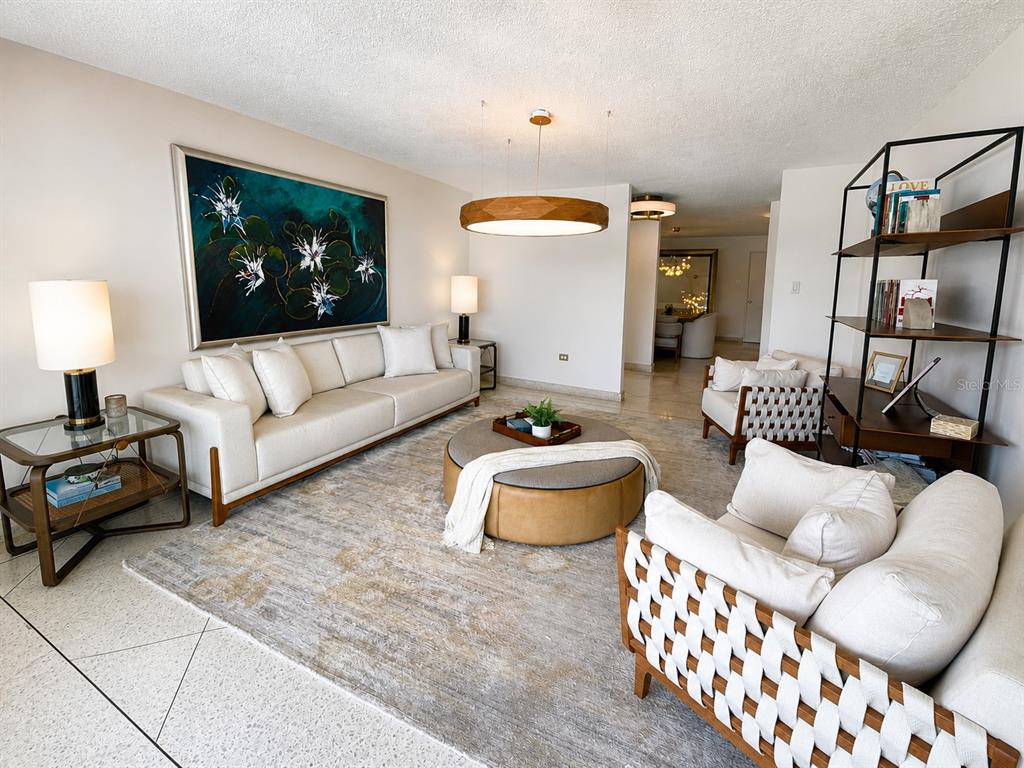 A living room features a white sofa, two woven armchairs, and a large circular ottoman — B7 CALLE INDUSTRIA, CAGUAS, PR