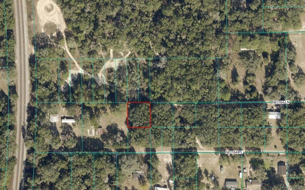 This is an aerial map showing a highlighted rectangular plot of land in a wooded area — 00 NE 164 LANE, CITRA, FL