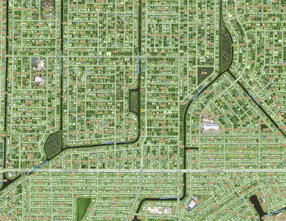 This is a map showing a residential neighborhood with streets, blocks, and property parcel numbers — 1457 HARBOR BOULEVARD, PORT CHARLOTTE, FL