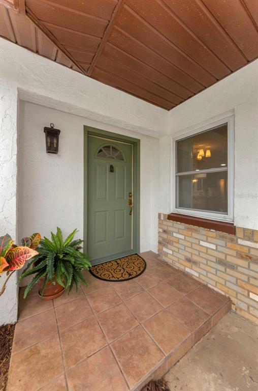 A front porch features a green door, a window, a tiled floor, and a potted plant — 1558 COTTONWOOD TERRACE, DUNEDIN, FL
