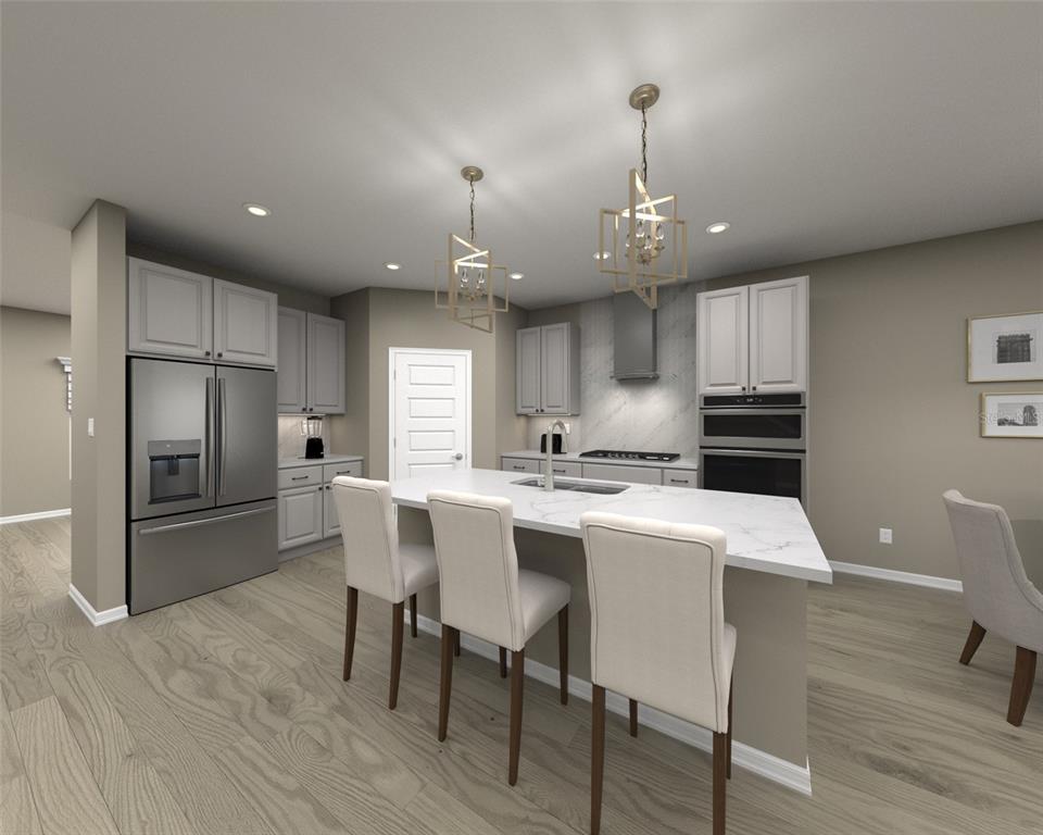 This is a digital rendering of a modern kitchen featuring a large marble-topped island — 112 SHADY EDGE LOOP, NOKOMIS, FL