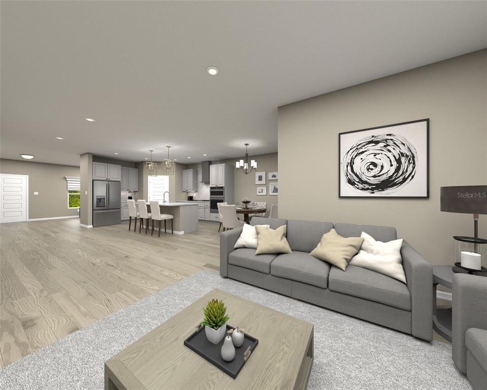 This is a digital rendering of an open-concept living room and kitchen with light flooring — 112 SHADY EDGE LOOP, NOKOMIS, FL