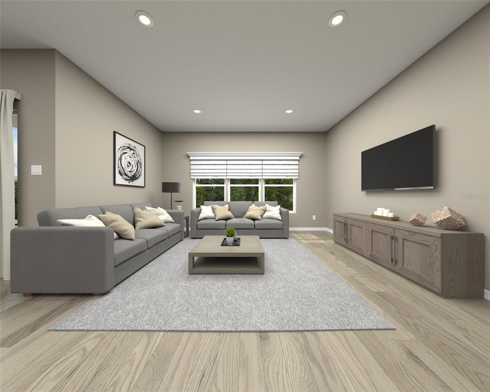 This is a digital rendering of a living room with gray sofas and wood flooring — 112 SHADY EDGE LOOP, NOKOMIS, FL