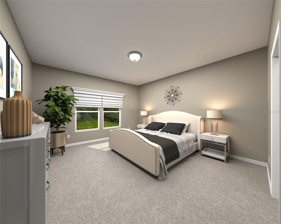 This is a digital rendering of a bedroom featuring a bed, nightstands, and a plant — 112 SHADY EDGE LOOP, NOKOMIS, FL