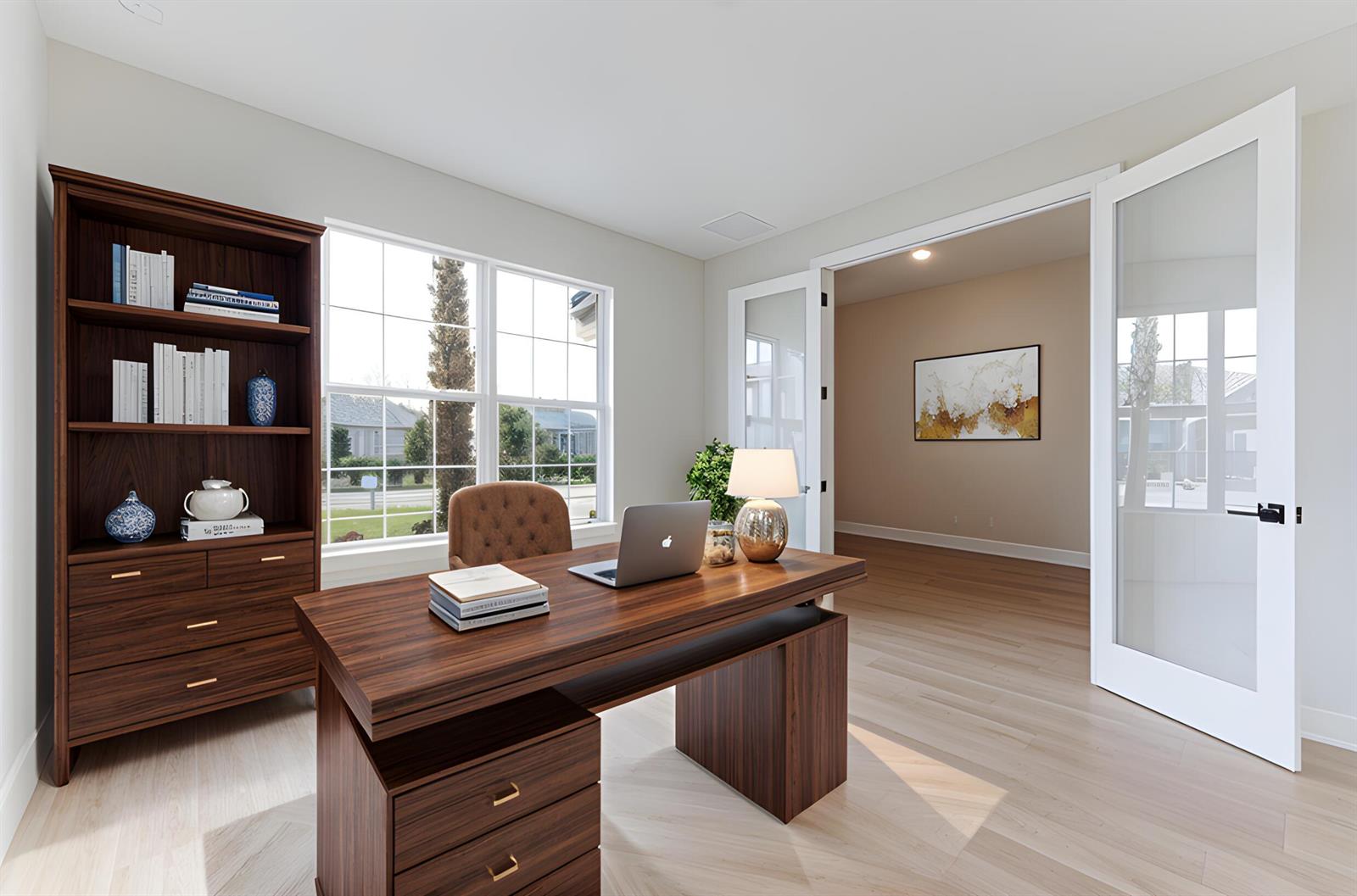A home office features a wooden desk, matching bookshelf, and glass-paneled double doors — 9677 Mosler Trail, Lake Worth FL 33467, LAKE WORTH, FL