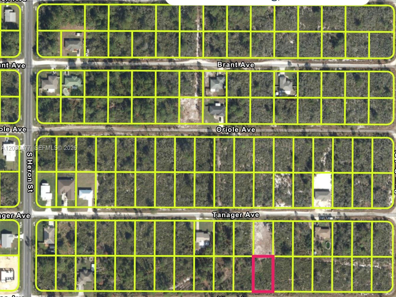 This aerial map shows a residential neighborhood with highlighted property lots and street names — 227 Vireo Ave, Sebring FL 33870, SEBRING, FL