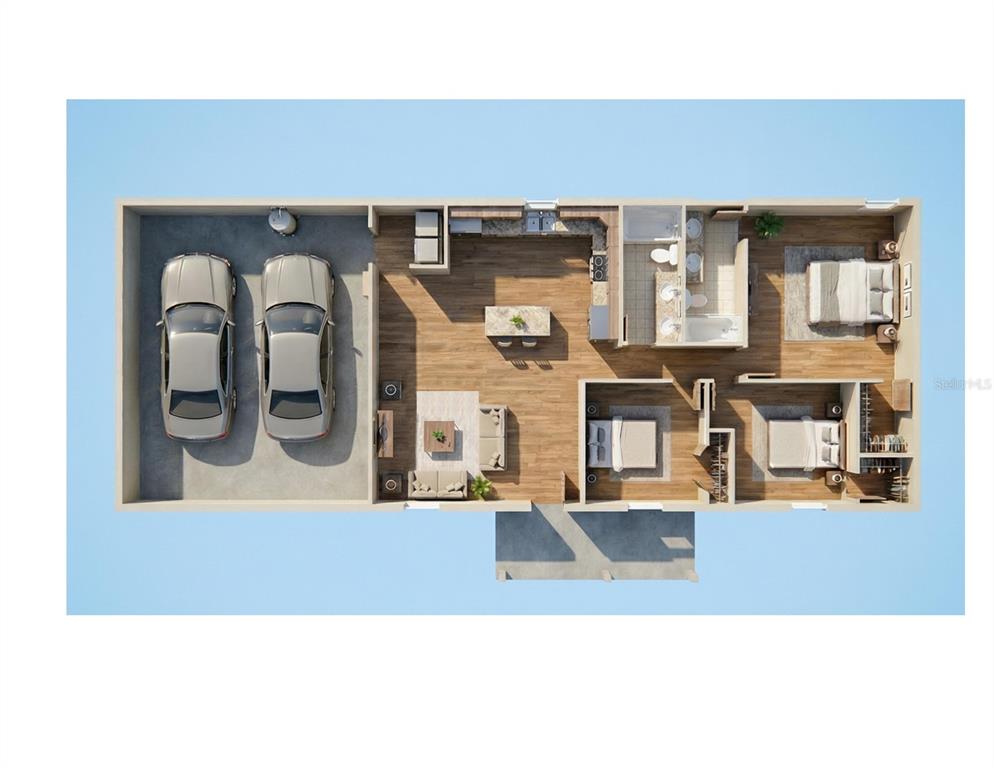 This is a 3D floor plan rendering of a three-bedroom house with a two-car garage — tbd PENNSYLVANIA STREET, PAISLEY, FL