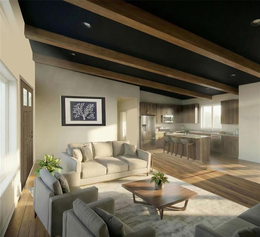 This is a rendering of an open-concept living room and kitchen with dark wood-beamed ceilings — tbd PENNSYLVANIA STREET, PAISLEY, FL