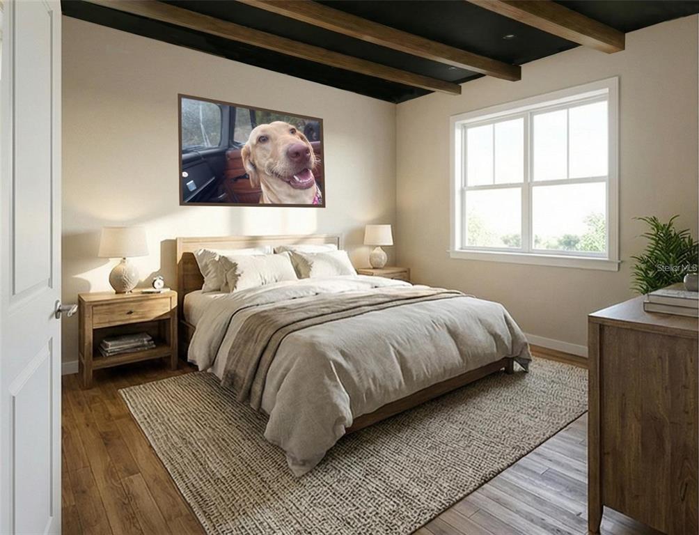 This is a digital rendering of a bedroom featuring a bed, nightstands, and dog artwork — tbd PENNSYLVANIA STREET, PAISLEY, FL