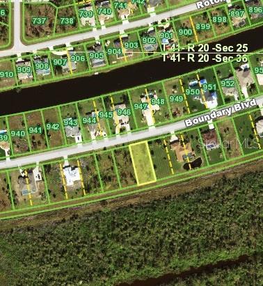 This is a satellite map view showing a vacant residential lot highlighted in yellow — 1151 BOUNDARY BOULEVARD, ROTONDA WEST, FL