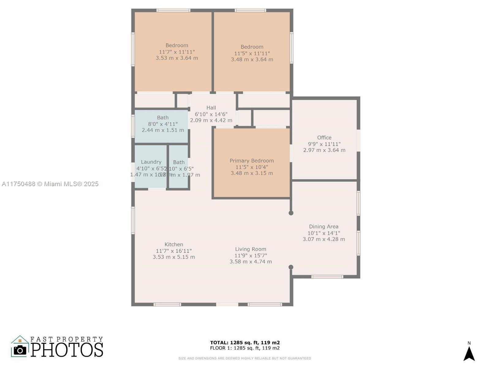 This is a floor plan showing the layout of a home with three bedrooms — 2631 NE 214th St, Miami FL 33180, MIAMI, FL