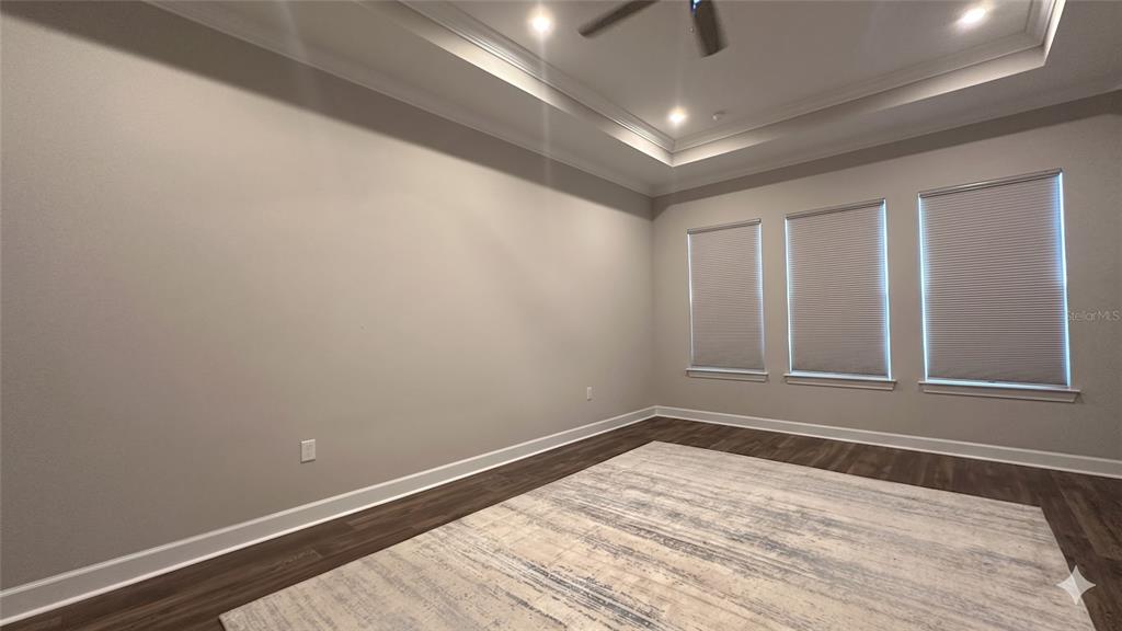 A spacious room with a tray ceiling, three windows with blinds, and wood-look flooring — 6875 BROGLIE STREET, ORLANDO, FL
