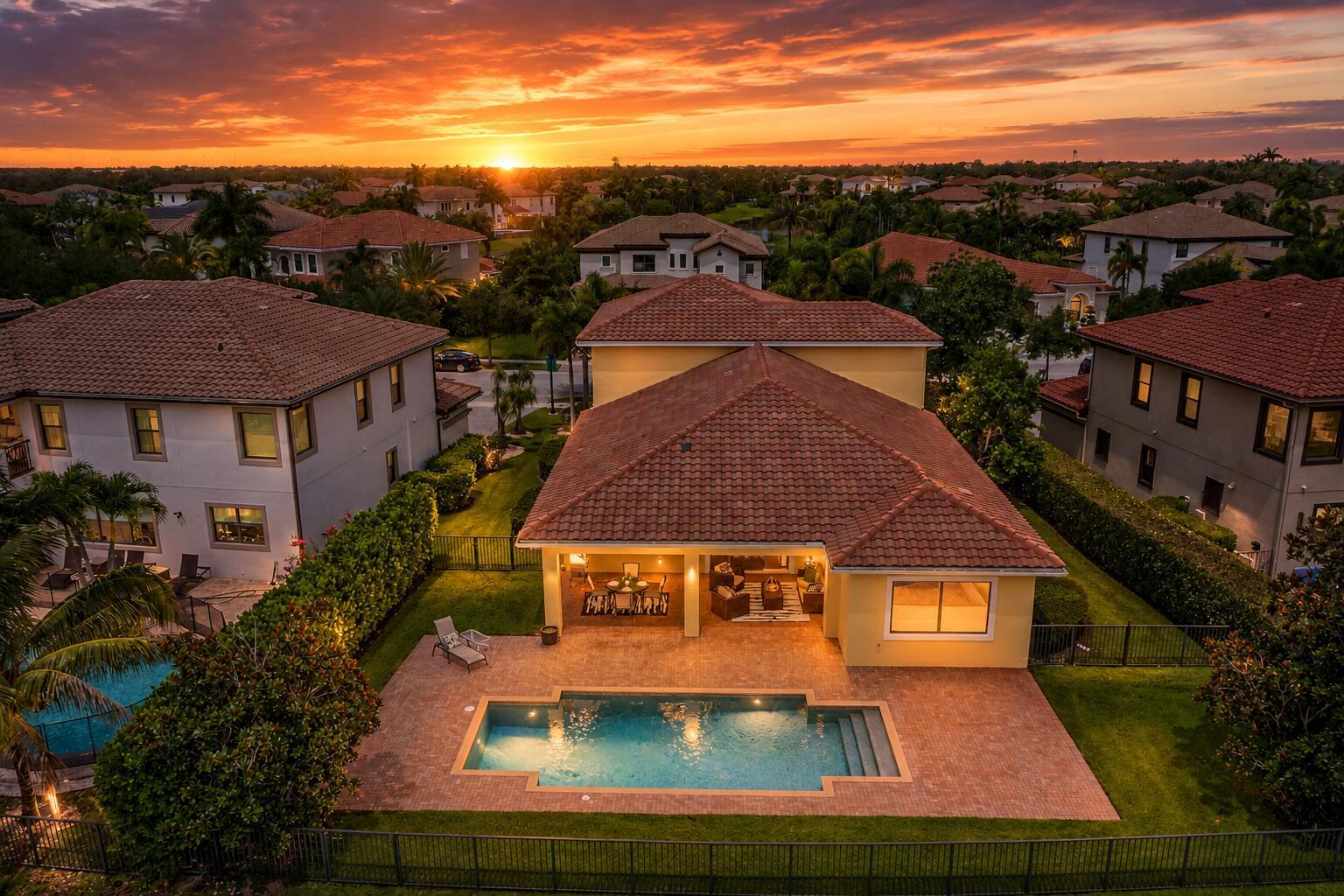 An aerial view of a suburban house with a backyard pool at sunset — 8152 Bradford Way, Parkland FL 33076, PARKLAND, FL